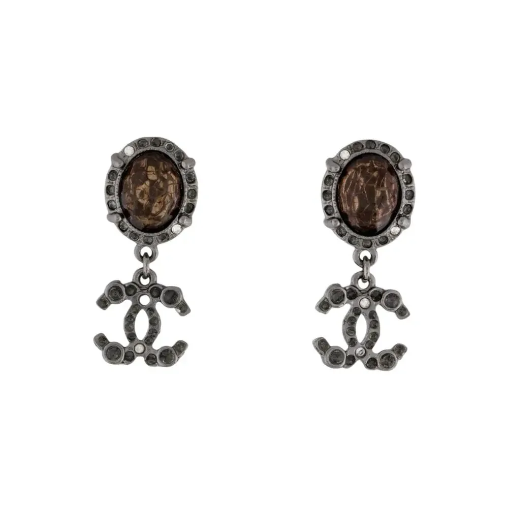 Chanel Resin Strass Silver-tone Interlocking CC Clip On Drop Earrings
